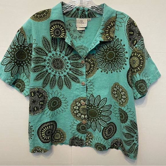 Hot Cotton Tops - Hot Cotton 100% Linen Boxy Turquoise & Brown Floral Short Sleeve Top Sz XL